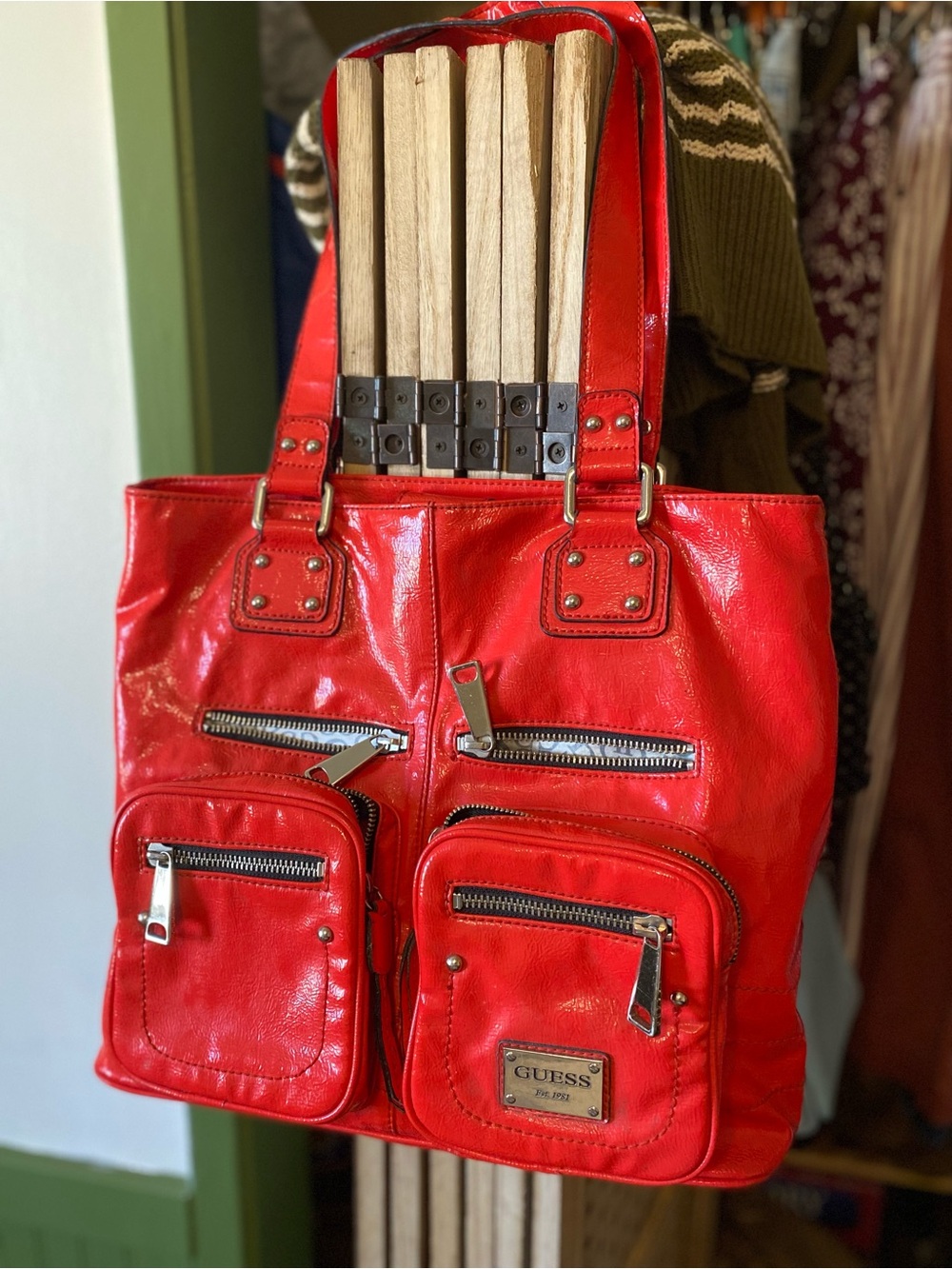 GUESS Bright Red Patent Tote with Front Zip Pockets